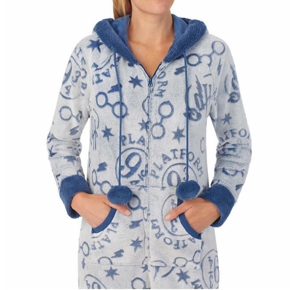 Wizarding World Of Harry Potter Plush Blue One Piece Hooded Pajamas - Picture 3 of 9